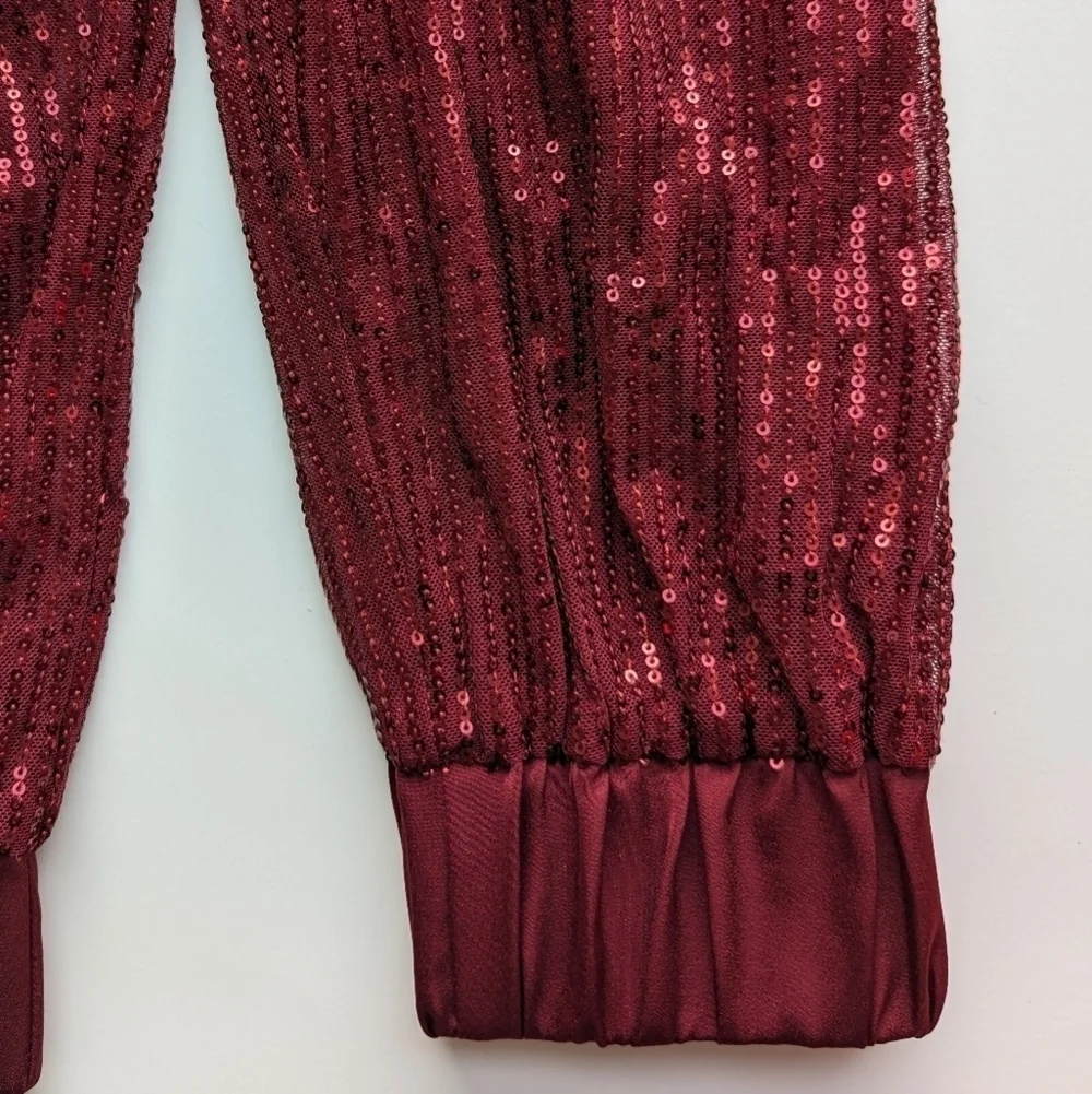 FashionNova Deep Red Wrap Front Collared Fully Sequin Long Sleeve Jumpsuit- sz S